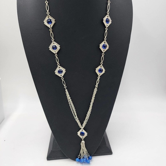 Vintage 1970s Blue Bezel Set Stations Tassel Necklace Hippie 32" Multi Chain - Picture 2 of 7